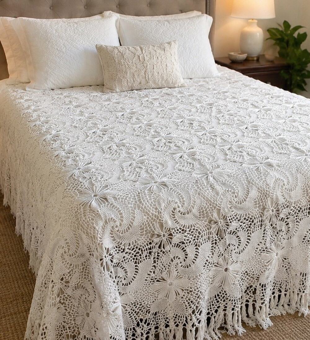 Vtg Handmade Crochet Bedspread White Cotton Coverlet Throw Fringe 80x86 Cottage